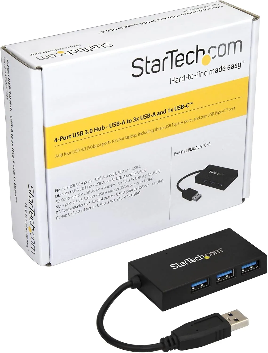 4 Port USB Hub - USB 3.0 - USB A to 3x USB A and 1x USB C - USB Port Expander