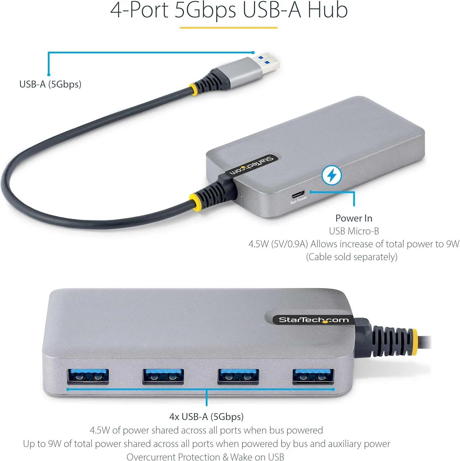 StarTech.com 4-Port USB Hub - USB 3.0 5Gbps, Bus Powered, USB-A to 4X USB-A Hub withOptional Auxiliary Power Input