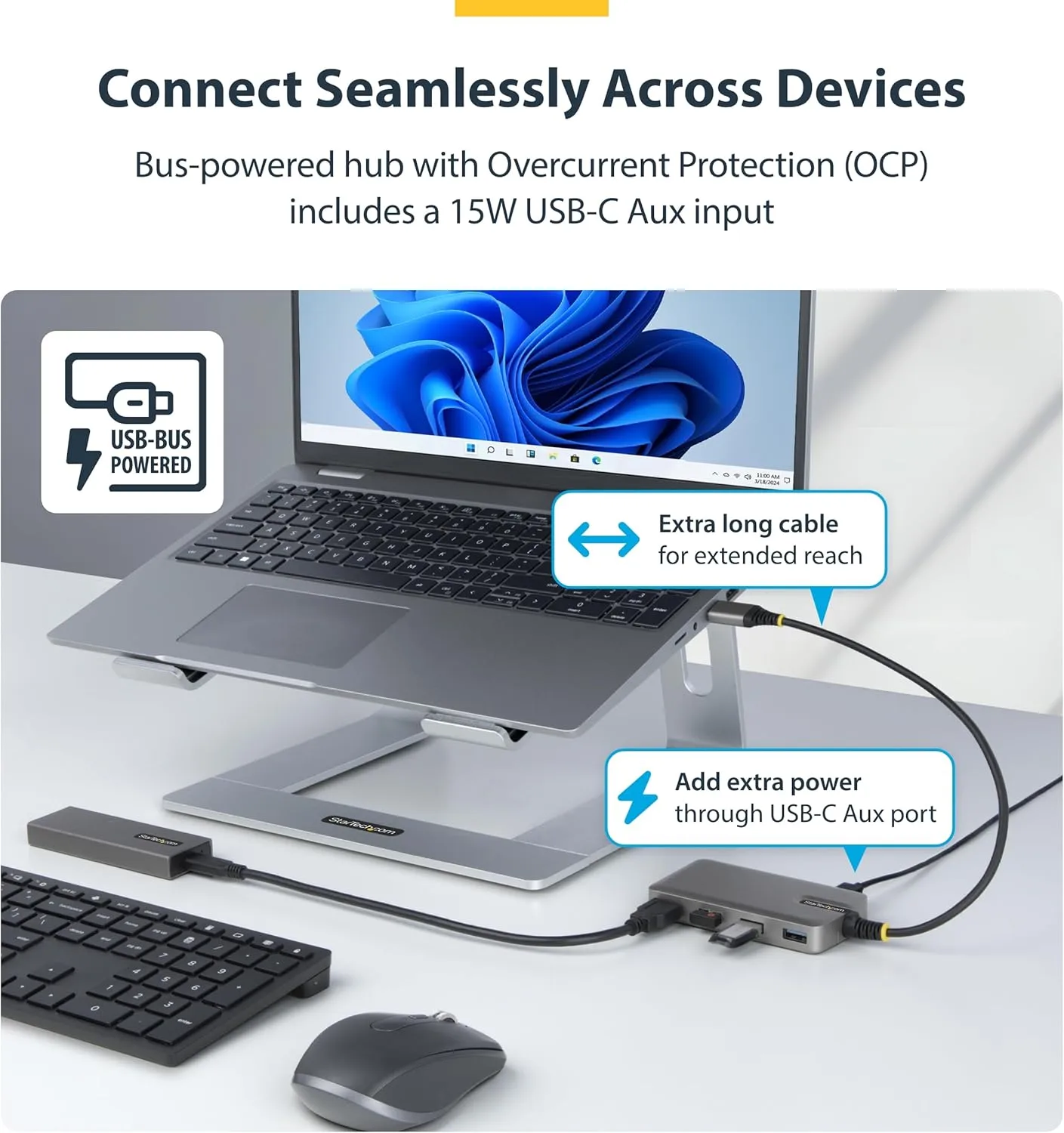 StarTech.com 4-Port USB-A Hub, 5Gbps, Bus Powered, Type-A to 4X Type-A with USB-C Auxiliary Power Input, Portable Hub