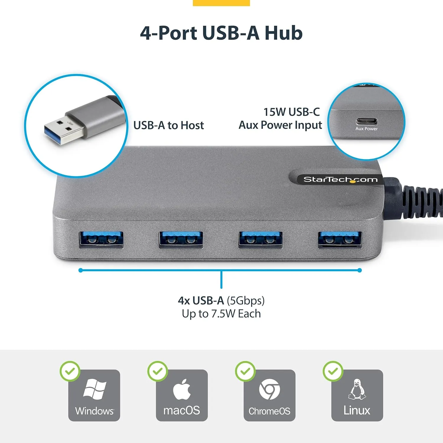 StarTech.com 4-Port USB-A Hub, 5Gbps, Bus Powered, Type-A to 4X Type-A with USB-C Auxiliary Power Input, Portable Hub