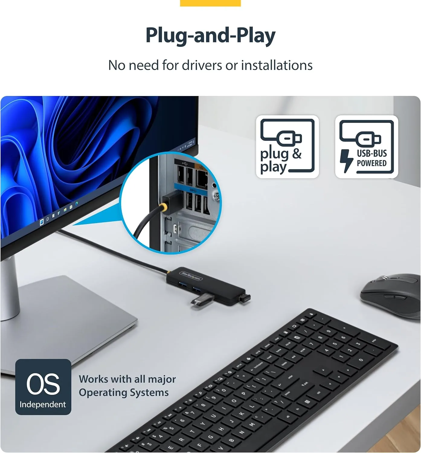 StarTech.com 4-Port USB-A Hub, 5Gbps, Bus Powered, 4X USB-A Mini Hub, Extra Long 2ft/61cm Host Cable, PCR Plastic