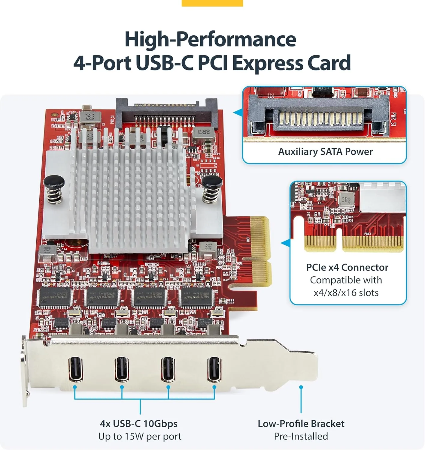 StarTech.com 4-Port USB-C 10Gbps PCIe Card, 4X Independent USB 3.2 Controllers, PCI Express 3.0, Low Profile, TAA