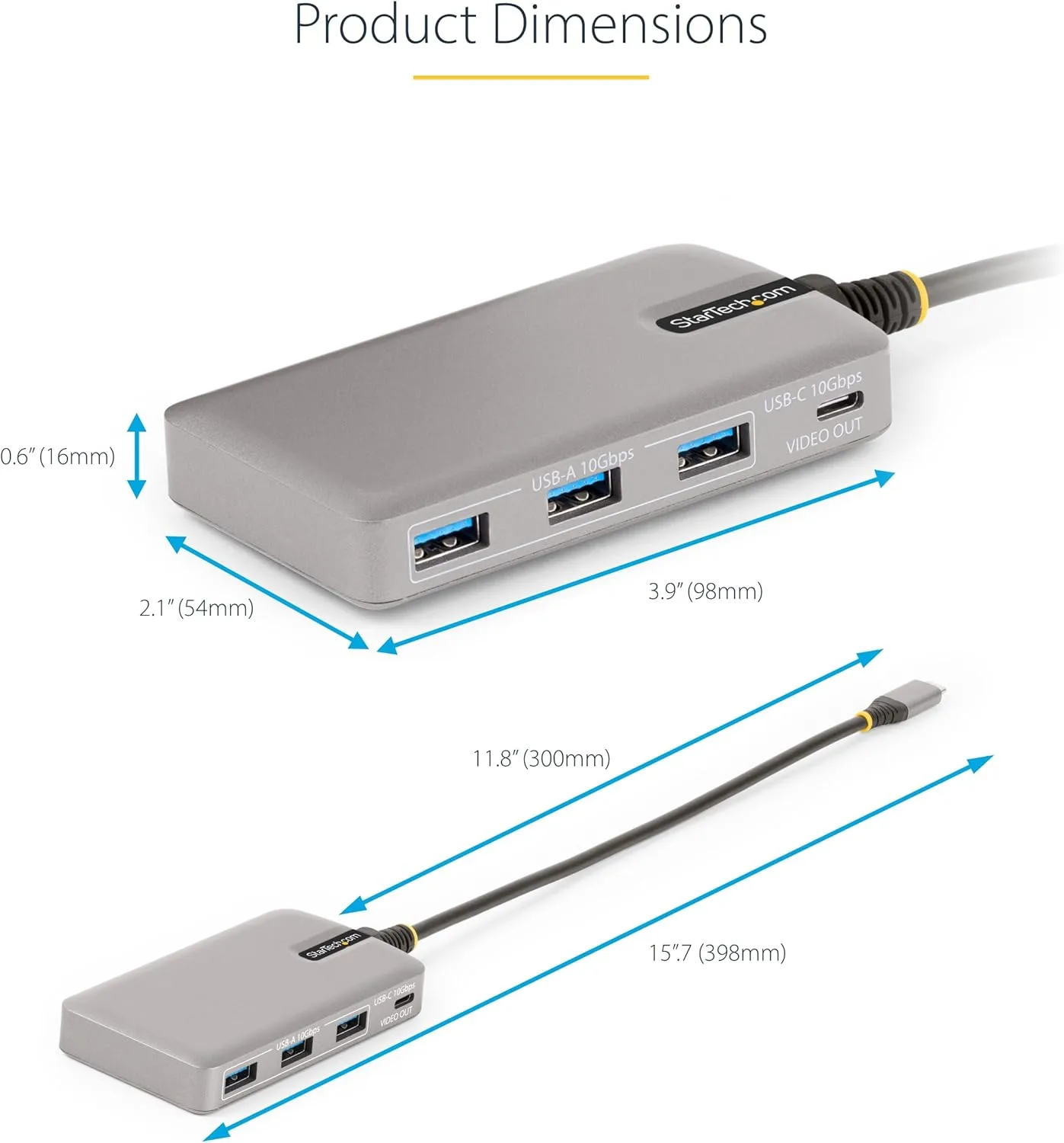 StarTech.com 4-Port USB-C Hub with USB-C DP Alt Mode Video Output 4K 60Hz - 3x USB-A, 1x USB Type-C, 100W Power Delivery Pass-Through, USB 3.2 10Gbps, 1ft/30cm Cable, Portable USB Hub (HB31C3A1CDPPD3)