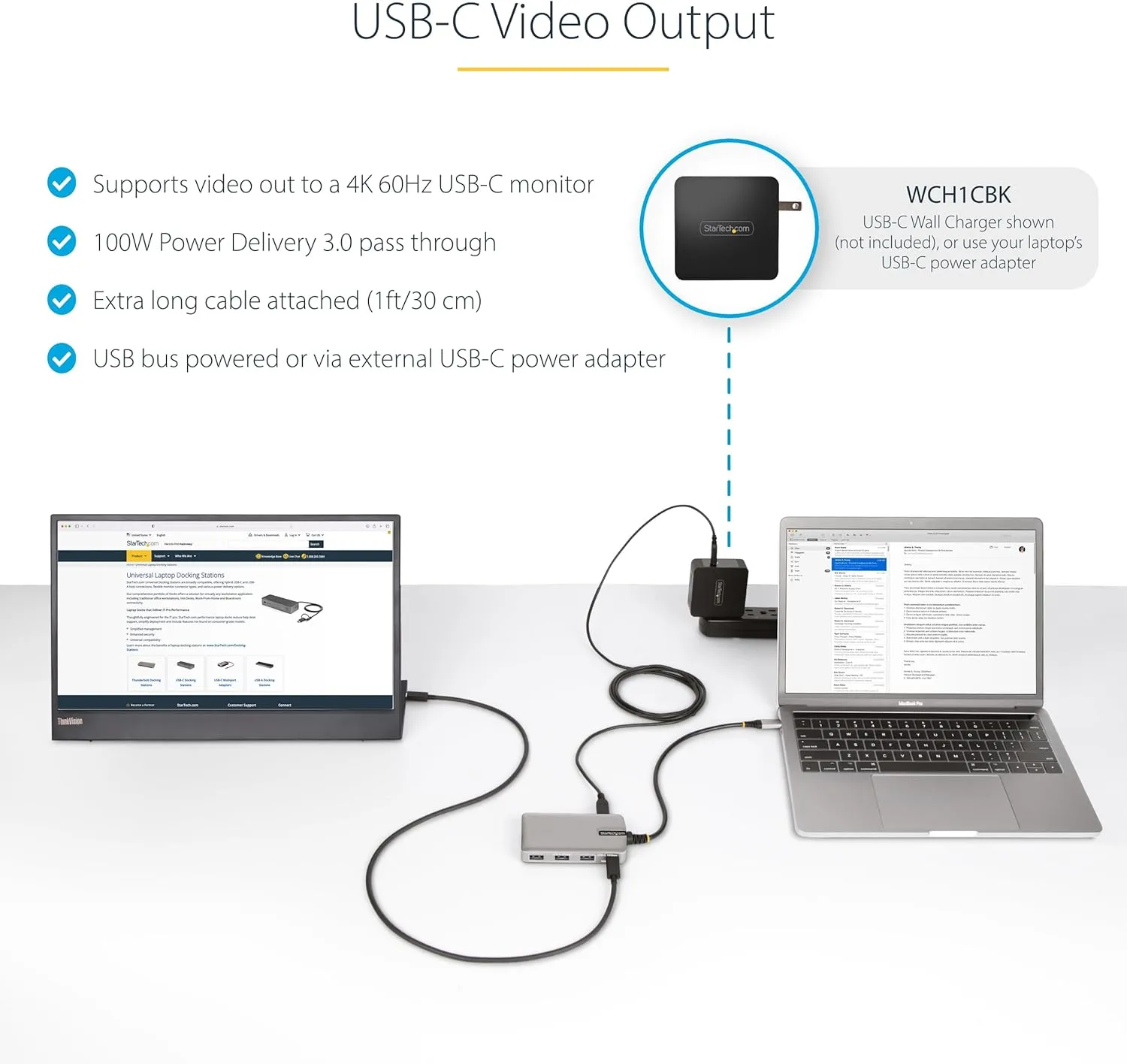 StarTech.com 4-Port USB-C Hub with USB-C DP Alt Mode Video Output 4K 60Hz - 3x USB-A, 1x USB Type-C, 100W Power Delivery Pass-Through, USB 3.2 10Gbps, 1ft/30cm Cable, Portable USB Hub (HB31C3A1CDPPD3)