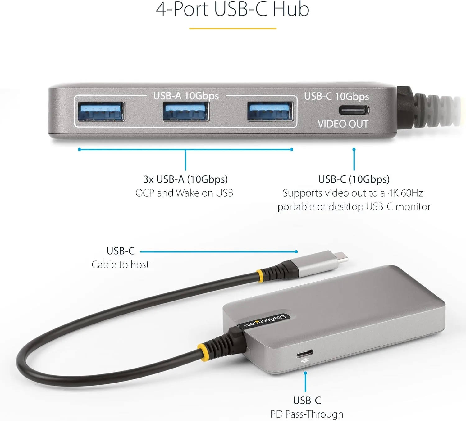 StarTech.com 4-Port USB-C Hub with USB-C DP Alt Mode Video Output 4K 60Hz - 3x USB-A, 1x USB Type-C, 100W Power Delivery Pass-Through, USB 3.2 10Gbps, 1ft/30cm Cable, Portable USB Hub (HB31C3A1CDPPD3)