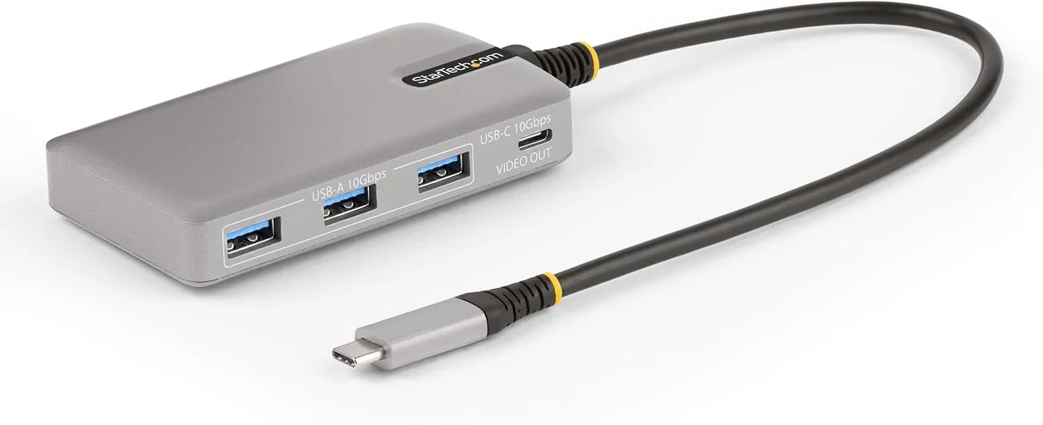 StarTech.com 4-Port USB-C Hub with USB-C DP Alt Mode Video Output 4K 60Hz - 3x USB-A, 1x USB Type-C, 100W Power Delivery Pass-Through, USB 3.2 10Gbps, 1ft/30cm Cable, Portable USB Hub (HB31C3A1CDPPD3)