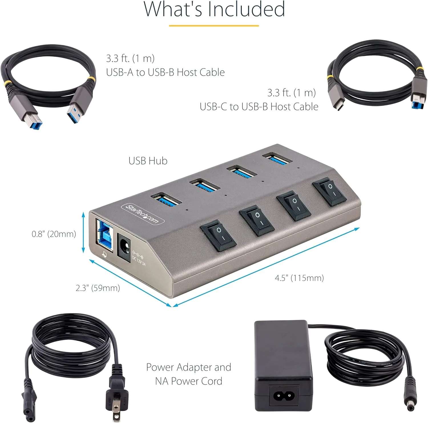 StarTech.com 4-Port Self-Powered USB-C Hub with Individual On/Off Switches, USB 3.0 5Gbps Expansion Hub withPower Supply