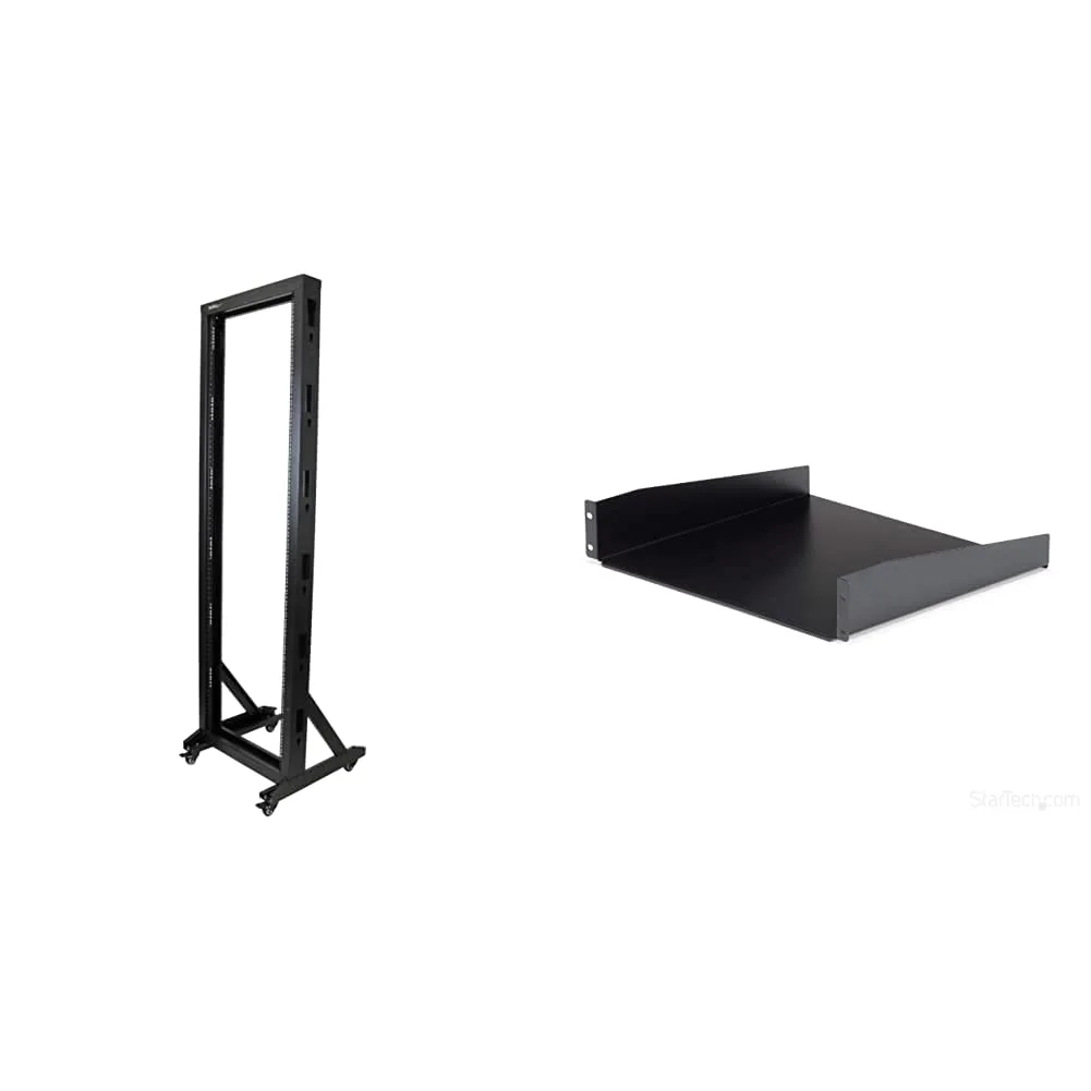 StarTech.com 2-Post 42U Mobile Open Frame Server Rack and 2U Server Rack Shelf Bundle 2 Post Rack + Shelf 15.7in
