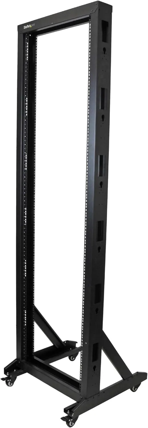 StarTech.com 2-Post 42U Mobile Open Frame Server Rack and 2U Server Rack Shelf Bundle 2 Post Rack + Shelf 15.7in