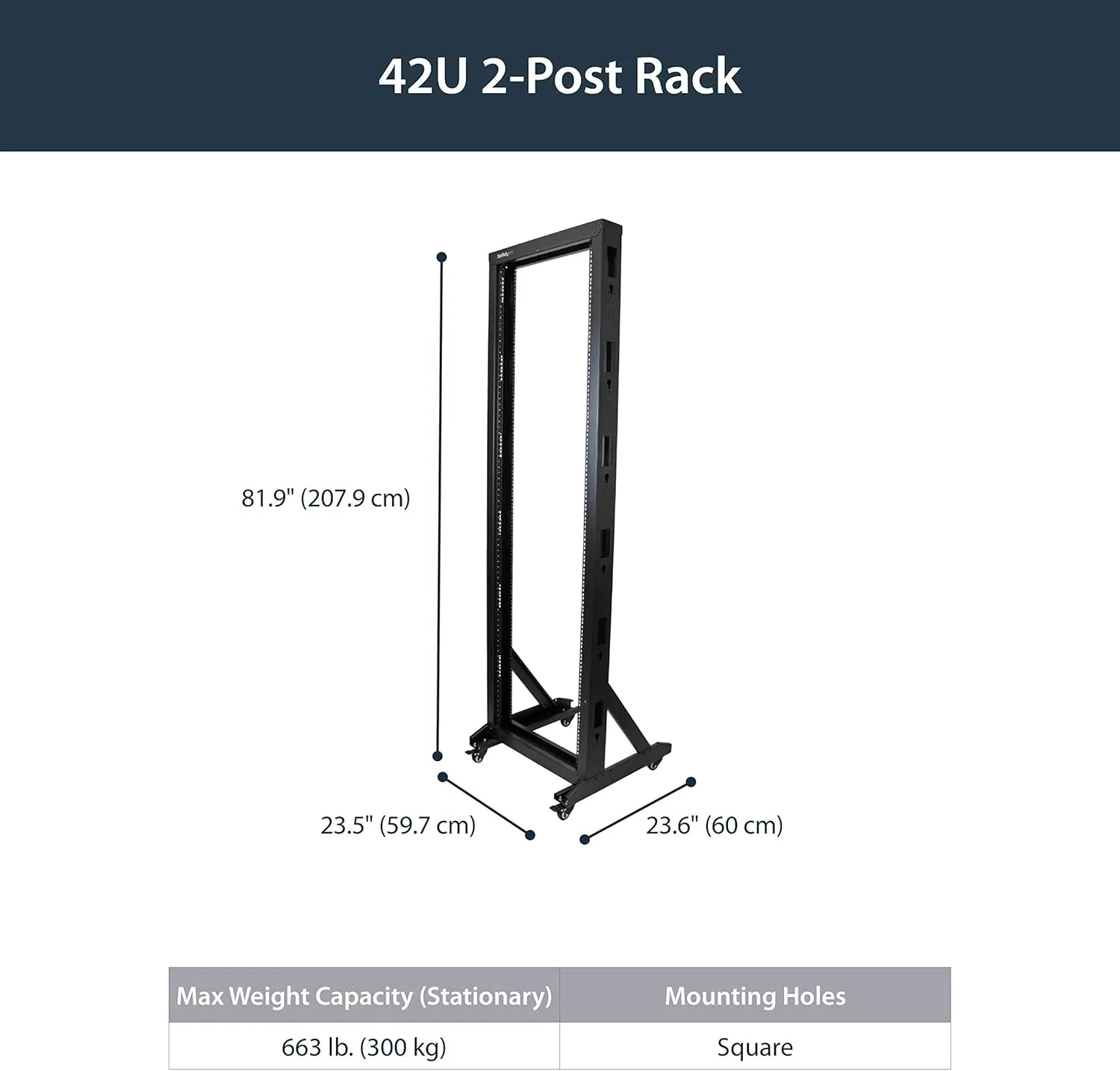 StarTech.com 2-Post 42U Mobile Open Frame Server Rack and 2U Server Rack Shelf Bundle 2 Post Rack + Shelf 15.7in