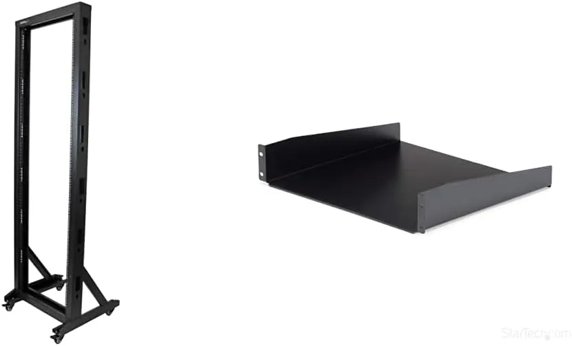 StarTech.com 2-Post 42U Mobile Open Frame Server Rack and 2U Server Rack Shelf Bundle 2 Post Rack + Shelf 15.7in