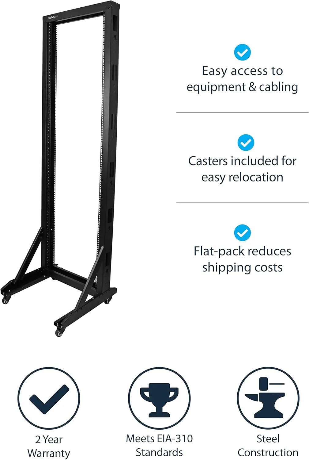 StarTech.com 2-Post 42U Mobile Open Frame Server Rack and 2U Server Rack Shelf Bundle 2 Post Rack + Shelf 15.7in