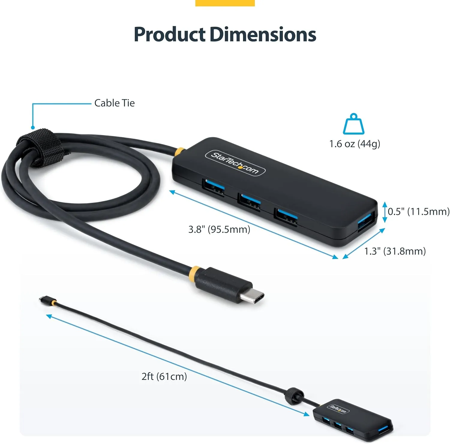 StarTech.com 4-Port USB-C Hub, 5Gbps, Bus Powered, USB-C to 4X USB-A Mini Hub, Extra Long 2ft/61cm Host Cable, PCR Plastic
