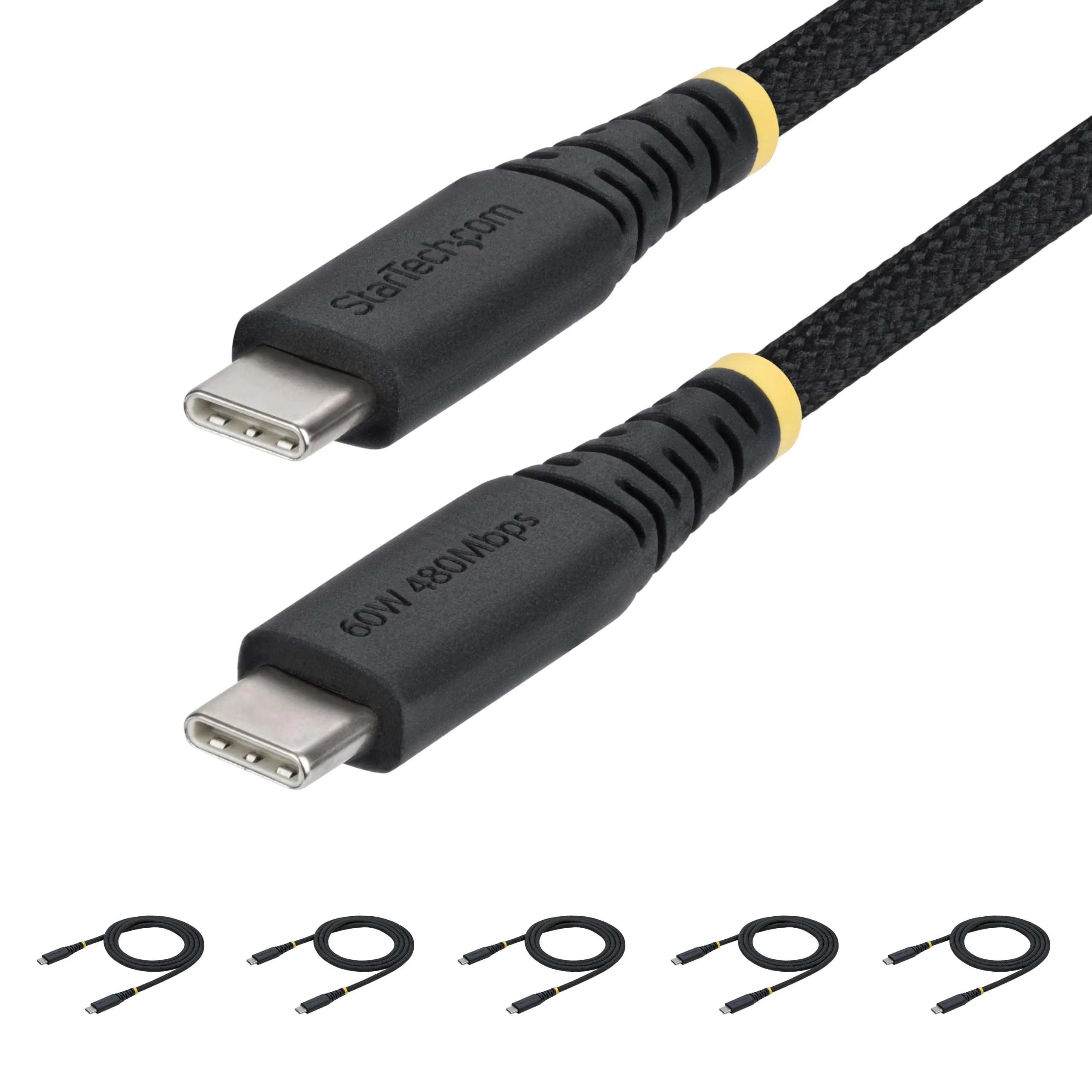 StarTech.com 5-Pack 3ft (91cm) USB-C Charging Cable, 60W (3A) PD, Dual-Layer Braided Nylon/TPE Jacket, Rugged USB C Cord