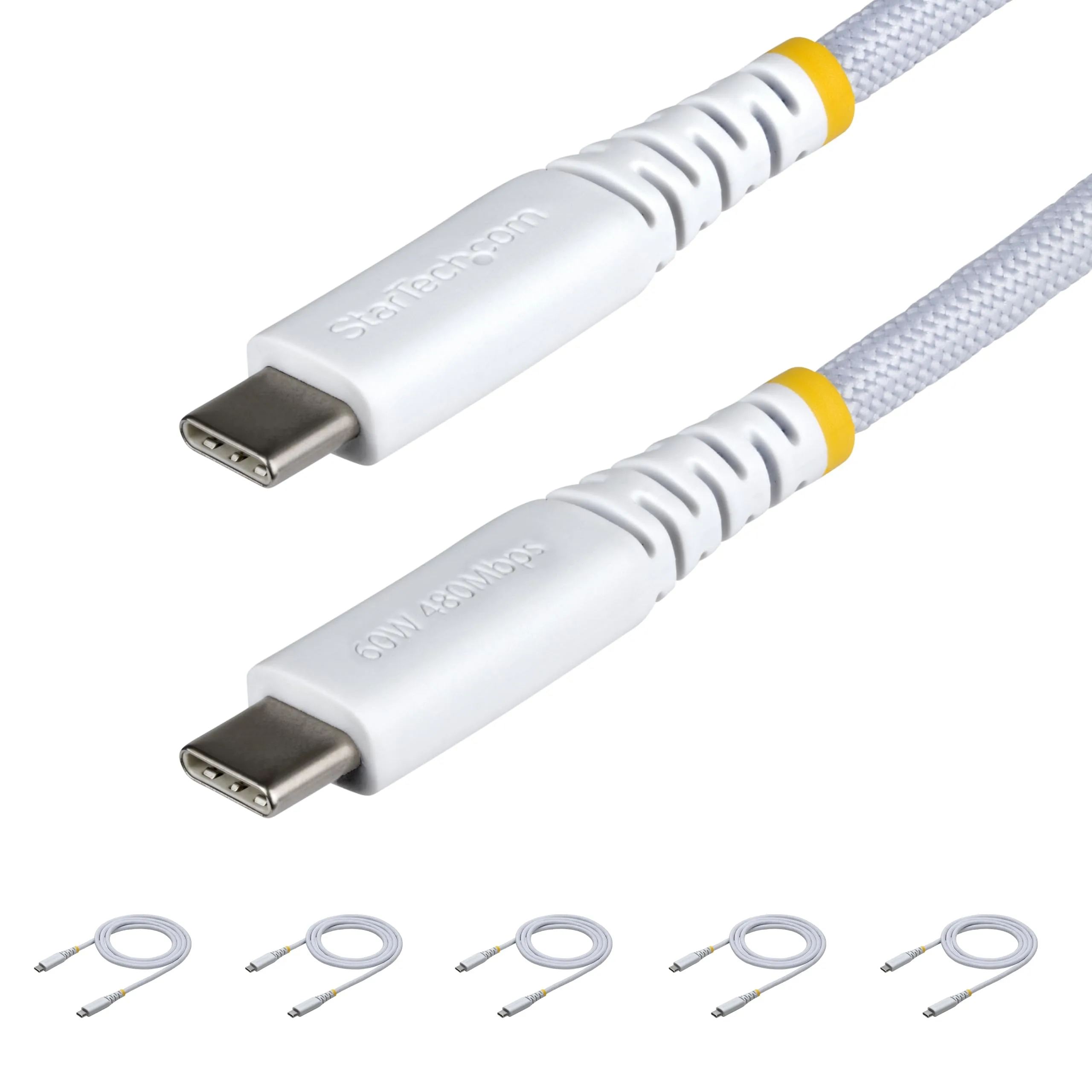 StarTech.com 5-Pack 3ft (91cm) White USB-C Charging Cable, 60W (3A) PD, Dual-Layer Braided Nylon/TPE Jacket, Rugged USB C Cord