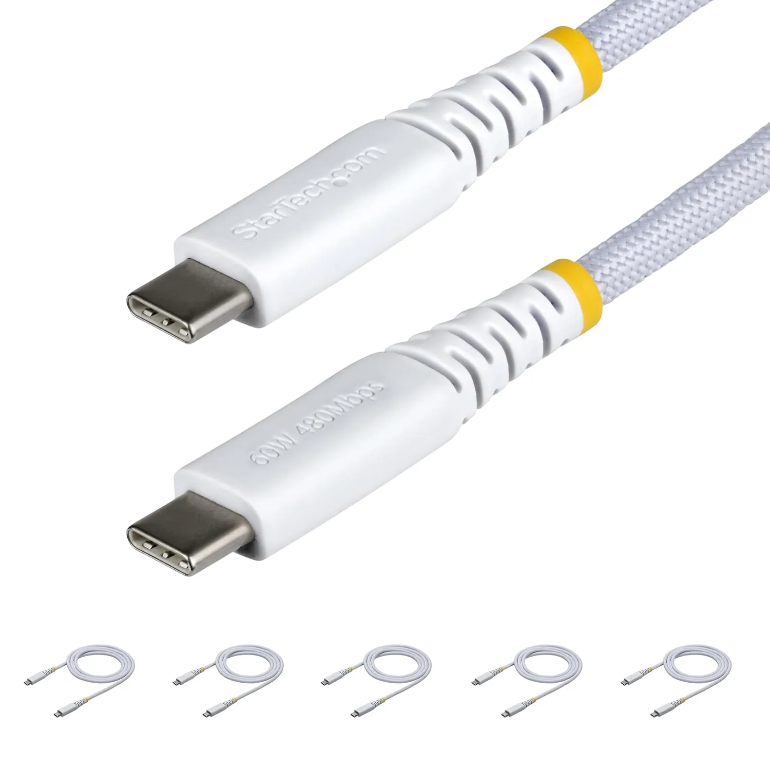 StarTech.com 5-Pack 3ft (91cm) White USB-C Charging Cable, 60W (3A) PD, Dual-Layer Braided Nylon/TPE Jacket, Rugged USB C Cord