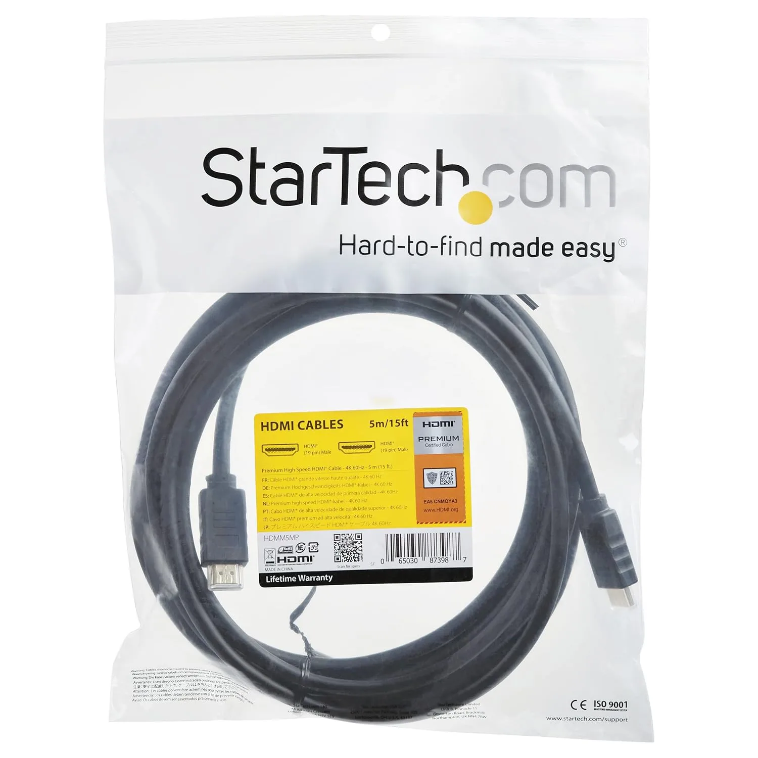 StarTech.com 15ft (5m) Premium Certified HDMI 2.0 Cable with Ethernet - High Speed Ultra HD 4K 60Hz HDMI Cable HDR10