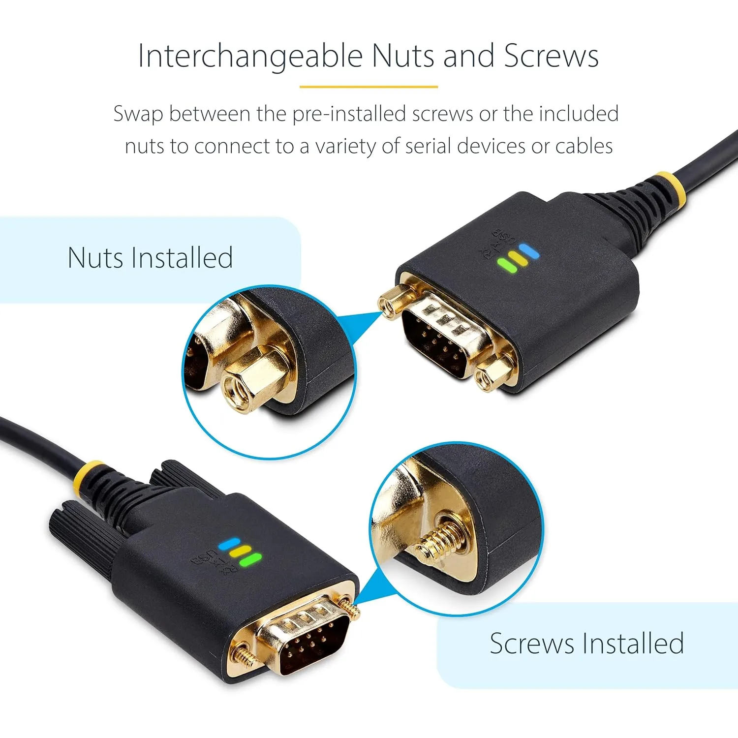 StarTech.com 6.6ft/2m USB to Serial Adapter Cable, COM Retention, FTDI, USB-A to DB9 RS232, Interchangeable DB9 Screws/Nuts