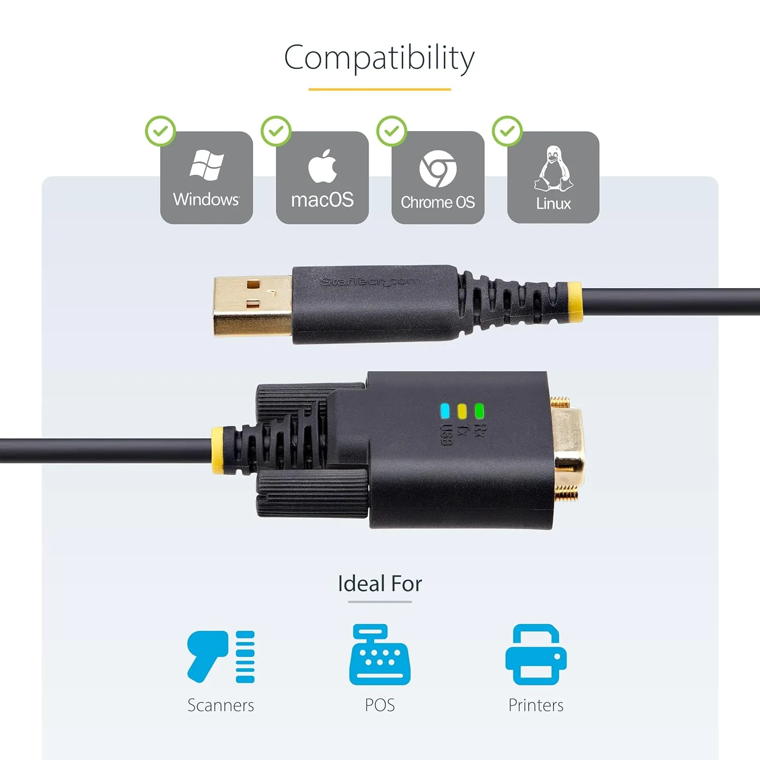 StarTech.com 6.6ft/2m USB to Serial Adapter Cable, COM Retention, FTDI, USB-A to DB9 RS232, Interchangeable DB9 Screws/Nuts