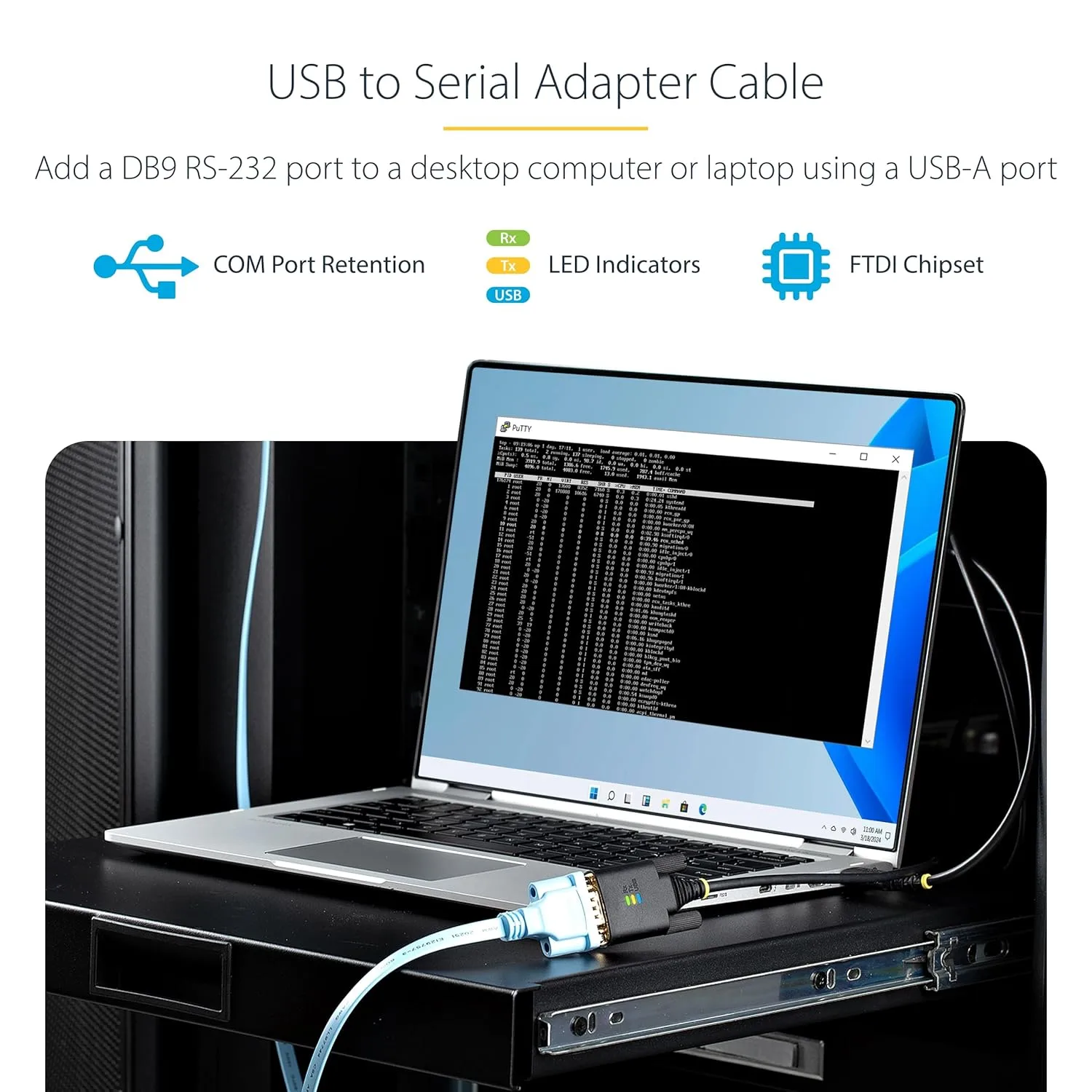 StarTech.com 6.6ft/2m USB to Serial Adapter Cable, COM Retention, FTDI, USB-A to DB9 RS232, Interchangeable DB9 Screws/Nuts