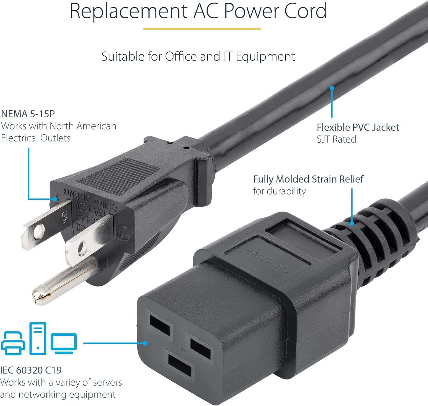 StarTech.com PXT515C19146 6 ft Heavy Duty 14 AWG Computer Power Cord - NEMA 5-15P to C19 - 14 AWG Power Cable
