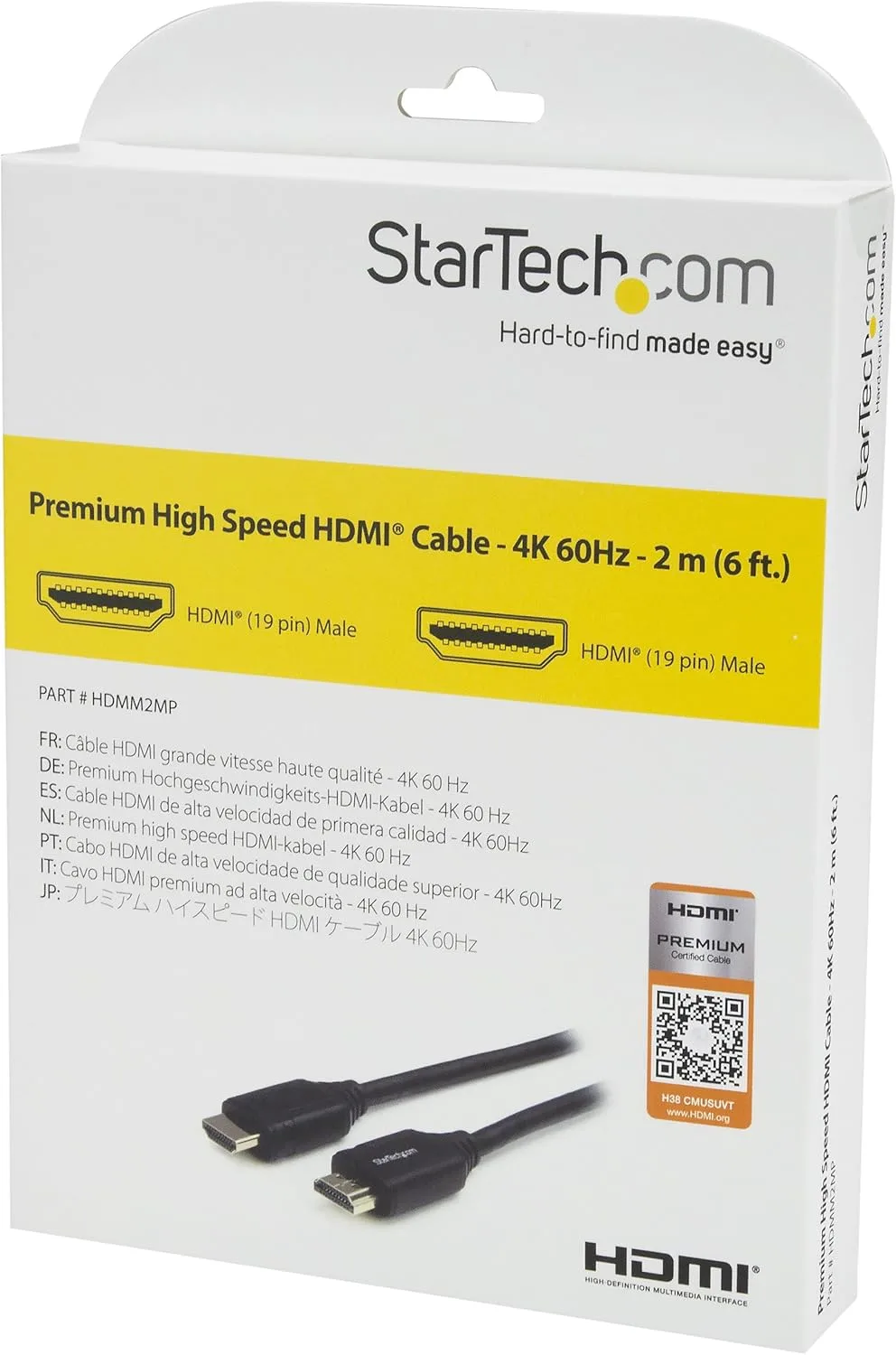 StarTech.com 6ft (2m) Premium Certified HDMI 2.0 Cable with Ethernet - High Speed Ultra HD 4K 60Hz HDMI Cable HDR10