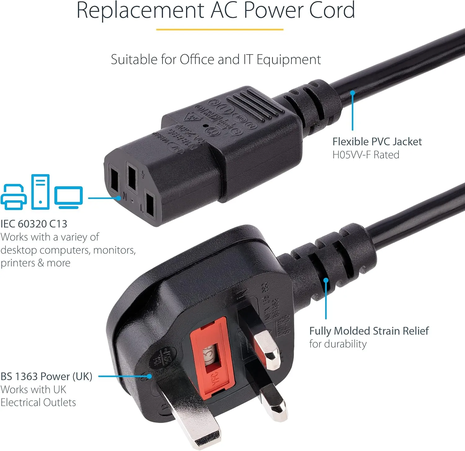 StarTech.com 6ft (1.8m) UK Computer Power Cable, 18AWG, BS 1363 to C13, 10A 250V, Black Replacement AC Power Cord