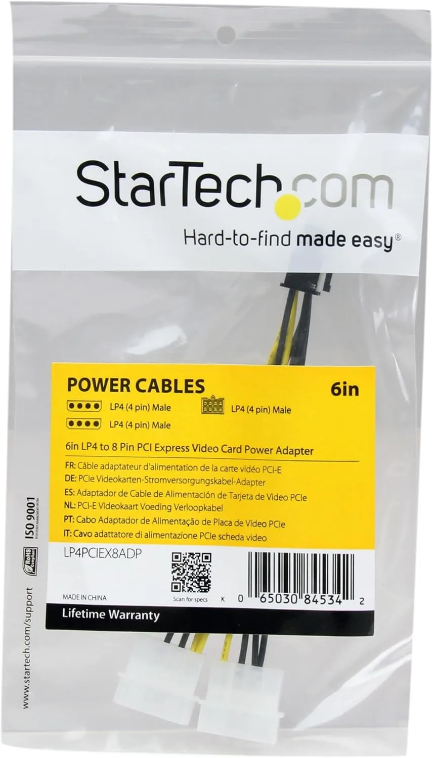 StarTech.com 6in LP4 to 8 Pin PCI Express Video Card Power Cable Adapter - lp4 to PCI express - molex to 8 pin PCIe (LP4PCIEX8ADP)