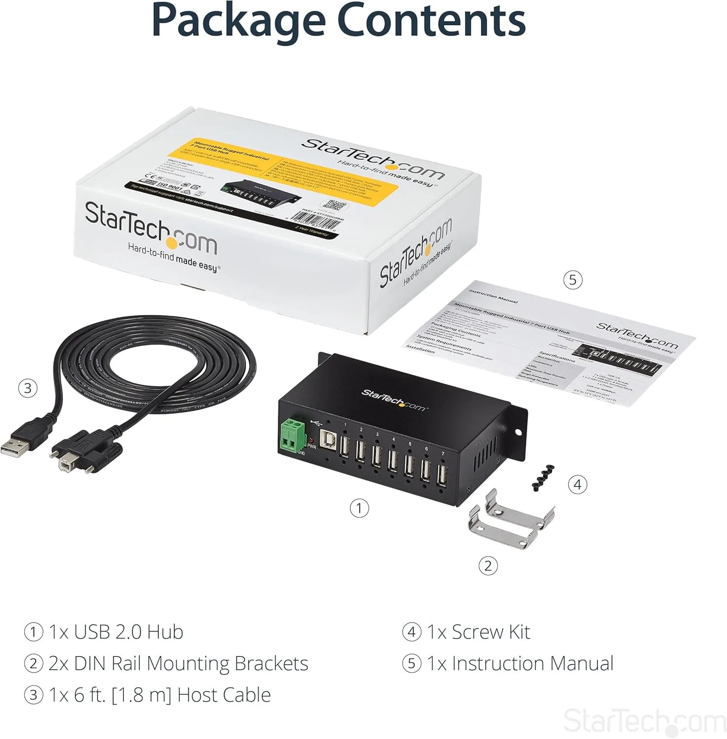 StarTech.com 7-Port USB 2.0 Hub - Metal Industrial USB-A Hub with ESD Protection & 350W Surge Protection - Din Rail