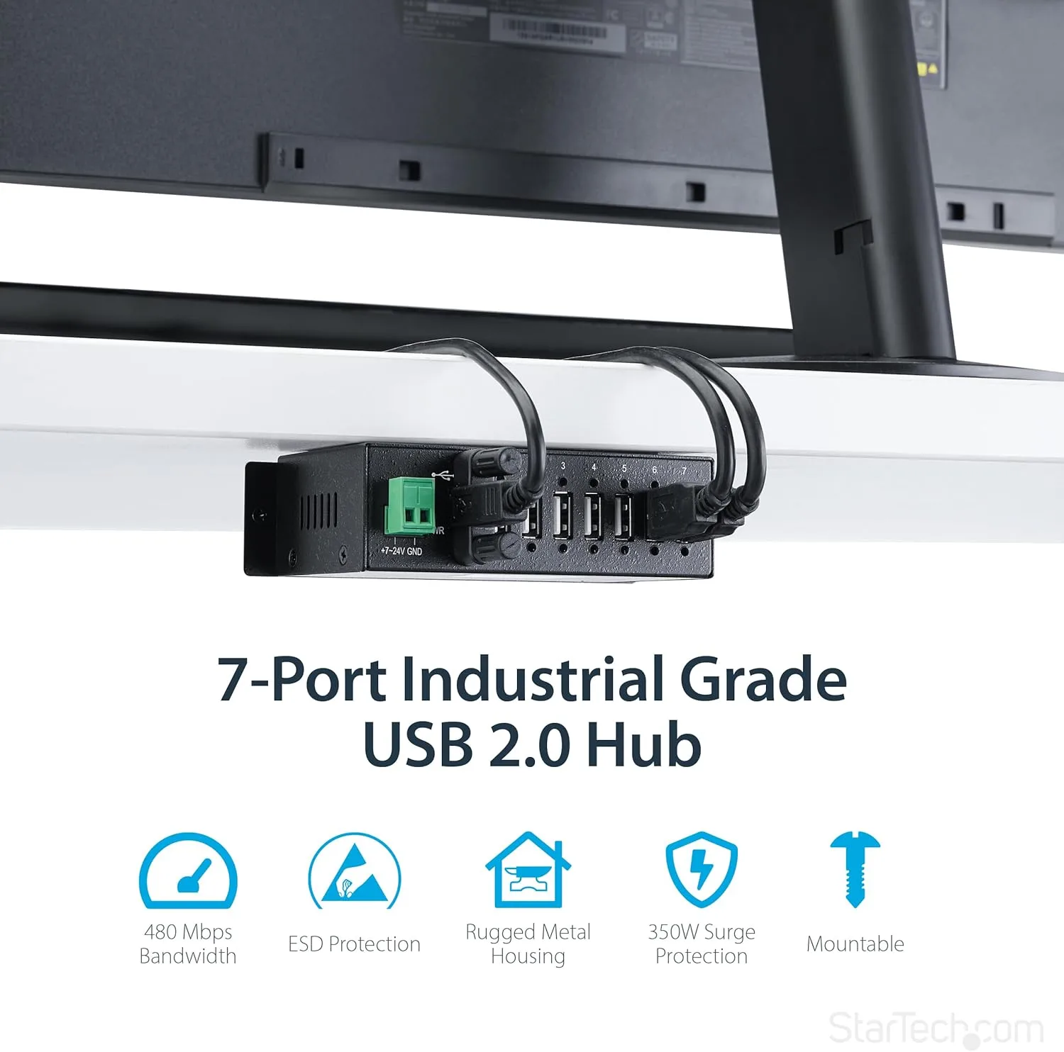 StarTech.com 7-Port USB 2.0 Hub - Metal Industrial USB-A Hub with ESD Protection & 350W Surge Protection - Din Rail