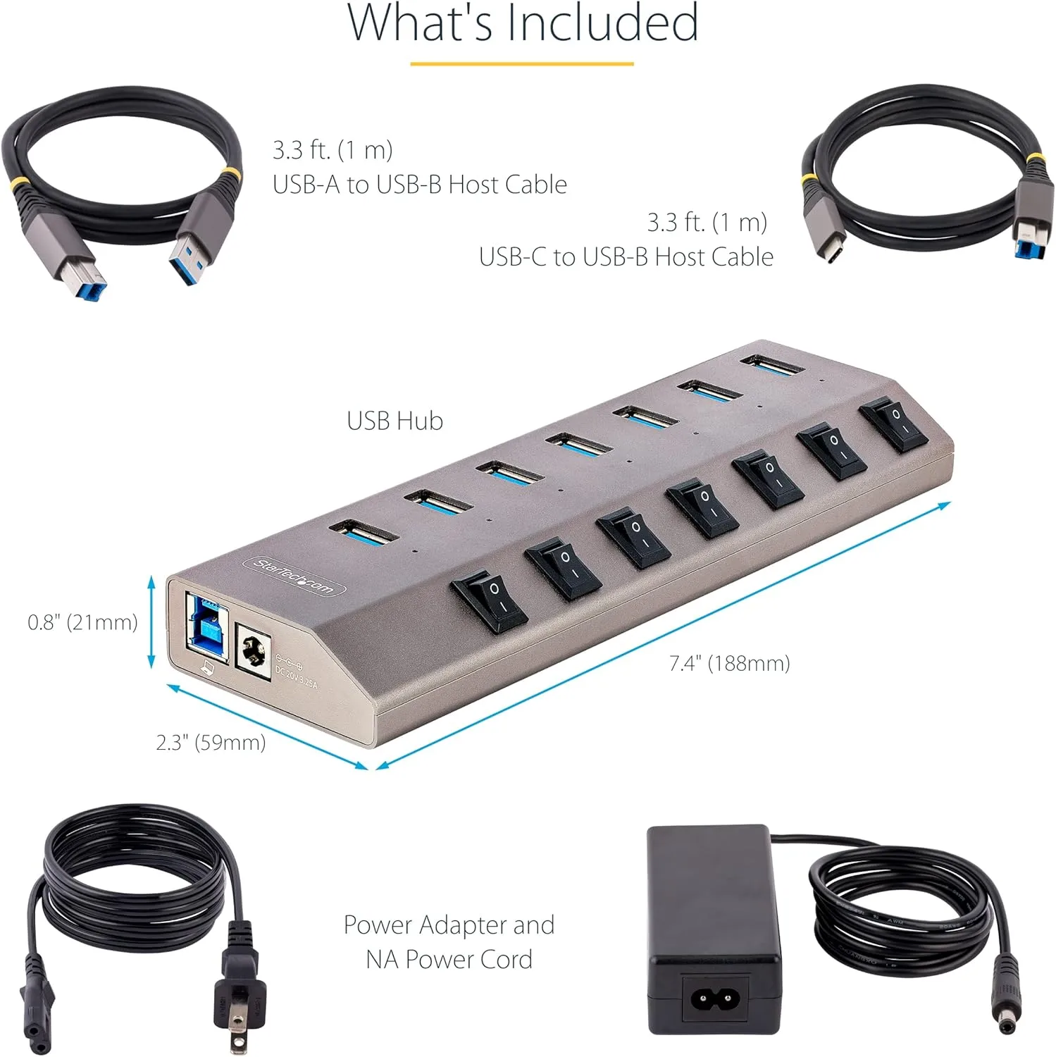 StarTech.com 7-Port Self-Powered USB-C Hub with Individual On/Off Switches, USB 3.0 5Gbps Expansion Hub withPower Supply