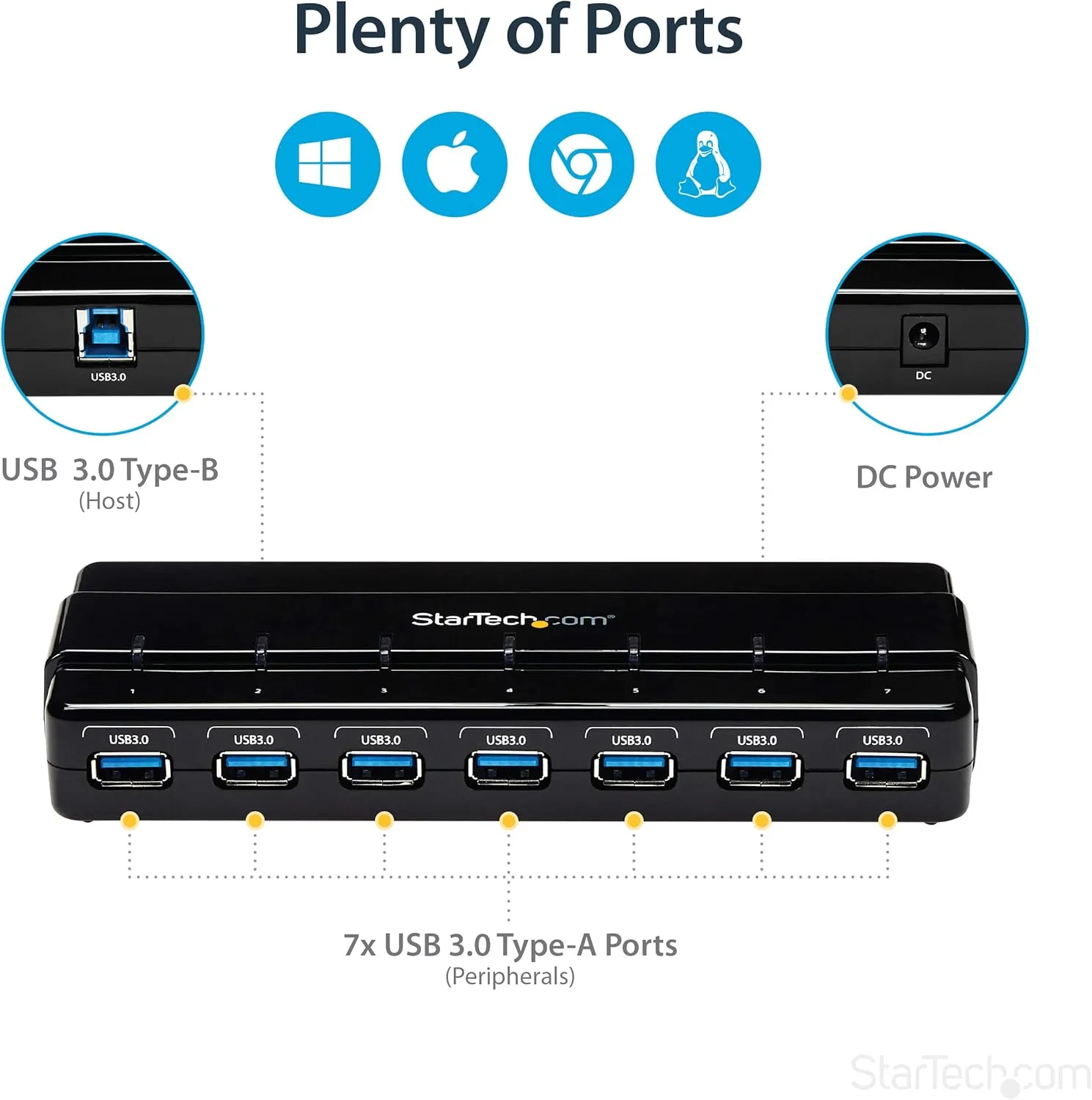 StarTech.com 7 Port USB 3.0 Hub – Up To 5 Gbps – 7 x USB – Universal Multi Port USB Extender for Your Desktop