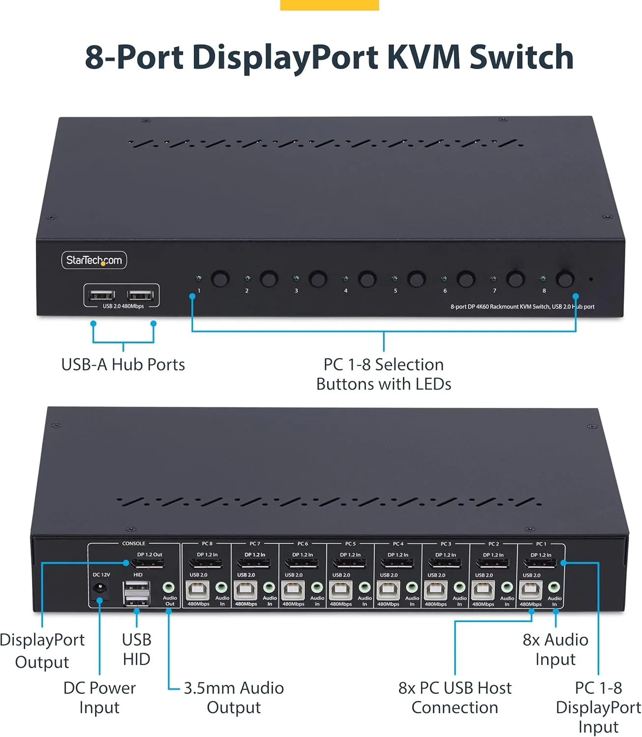 StarTech.com 8-Port DisplayPort KVM Switch w/1U Rack Mount Kit, 4K 60Hz
