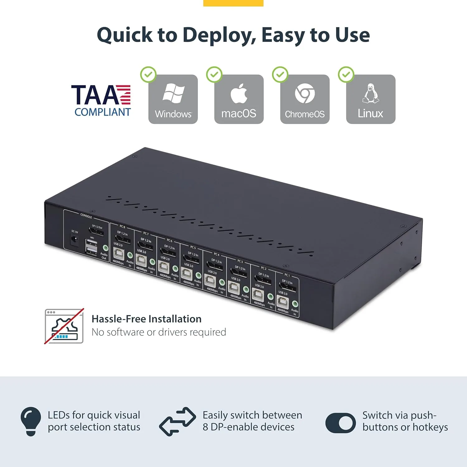 StarTech.com 8-Port DisplayPort KVM Switch w/1U Rack Mount Kit, 4K 60Hz