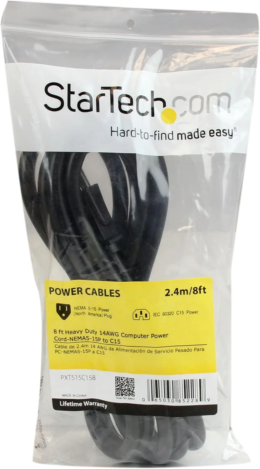 StarTech.com Heavy Duty NEMA 5-15P to C15 Power Cord, 14AWG, 15A 125V
