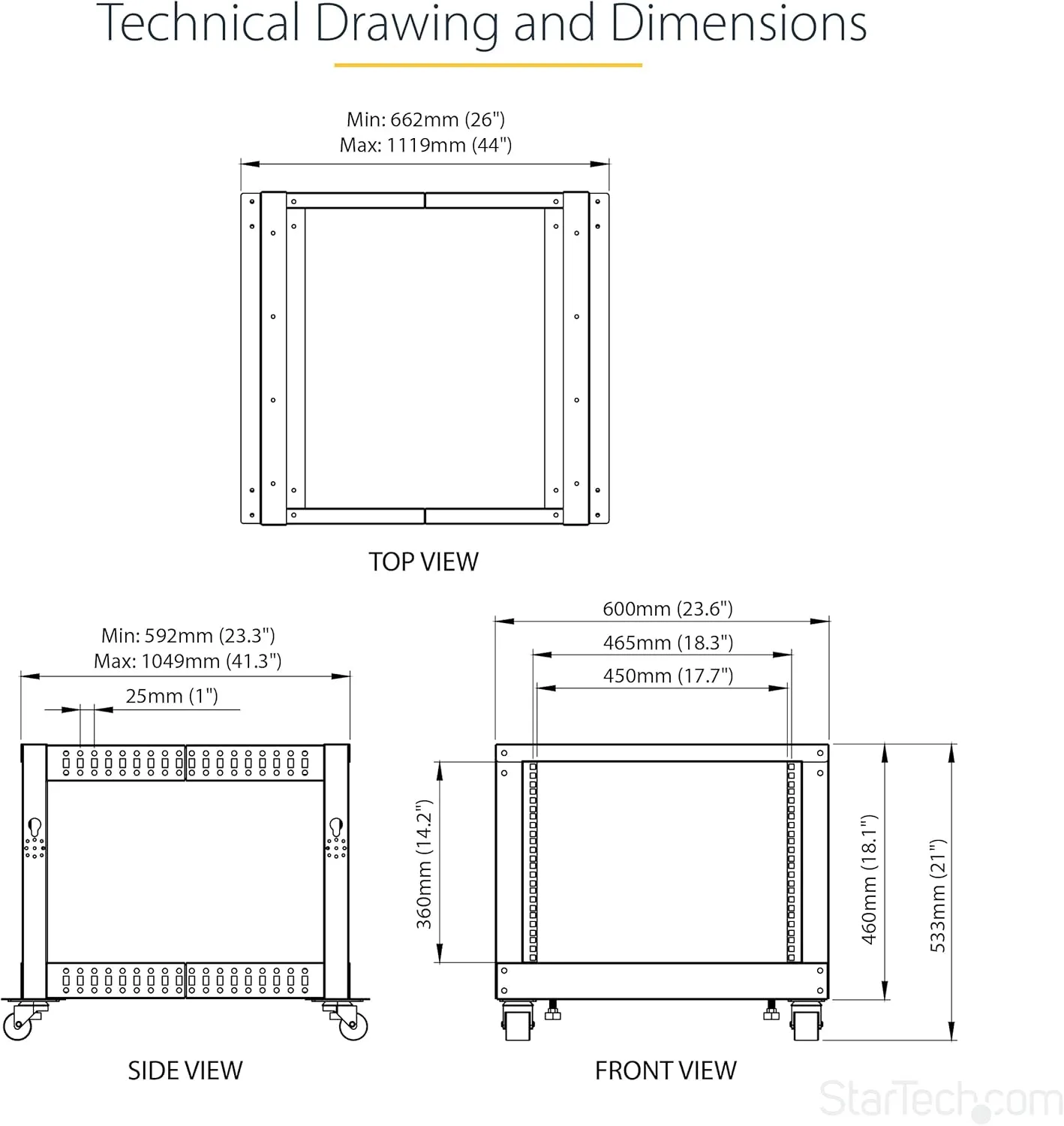 StarTech.com 4-Post Mobile Open Frame 19in Server Rack