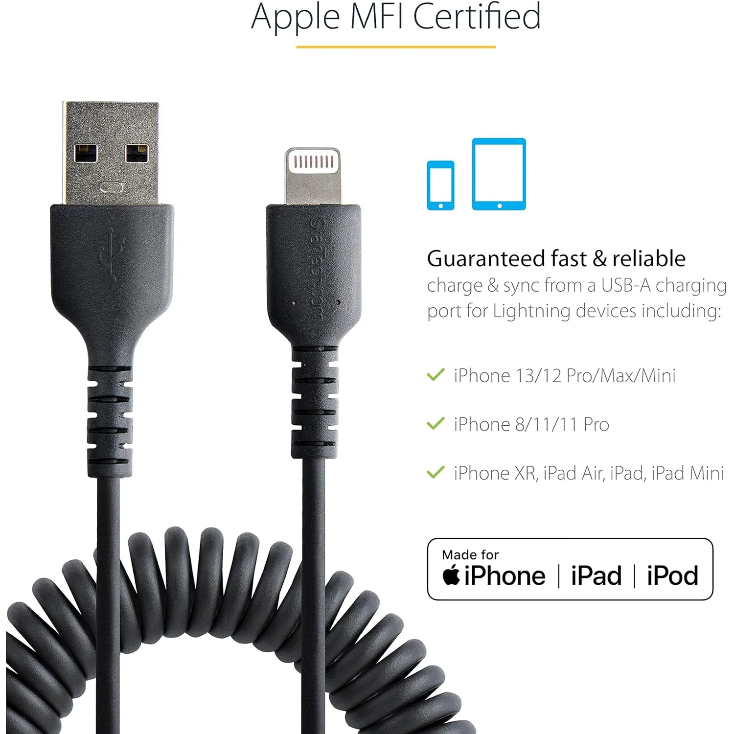 StarTech.com Coiled USB-A to Lightning Cable, MFi Certified, Durable TPE Jacket, Aramid Fiber Reinforced