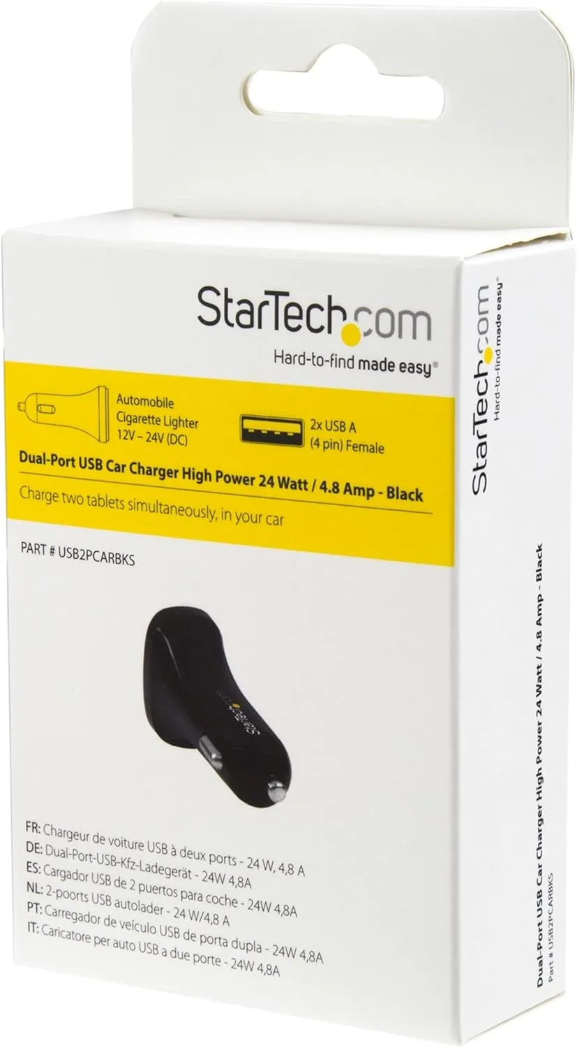 StarTech.com Dual Port USB Car Charger - High Power 24W/4.8A - Black - 2-Port USB Car Charger