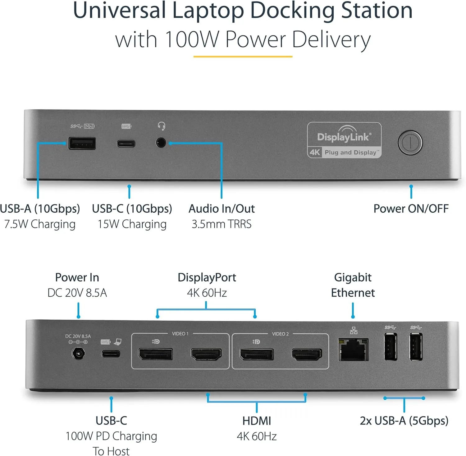 StarTech.com Universal Laptop Docking Station, Hybrid USB-C/USB-A Dock, Dual 4K DP/HDMI, 100W PD, Mac/Windows/Chrome OS, NIC