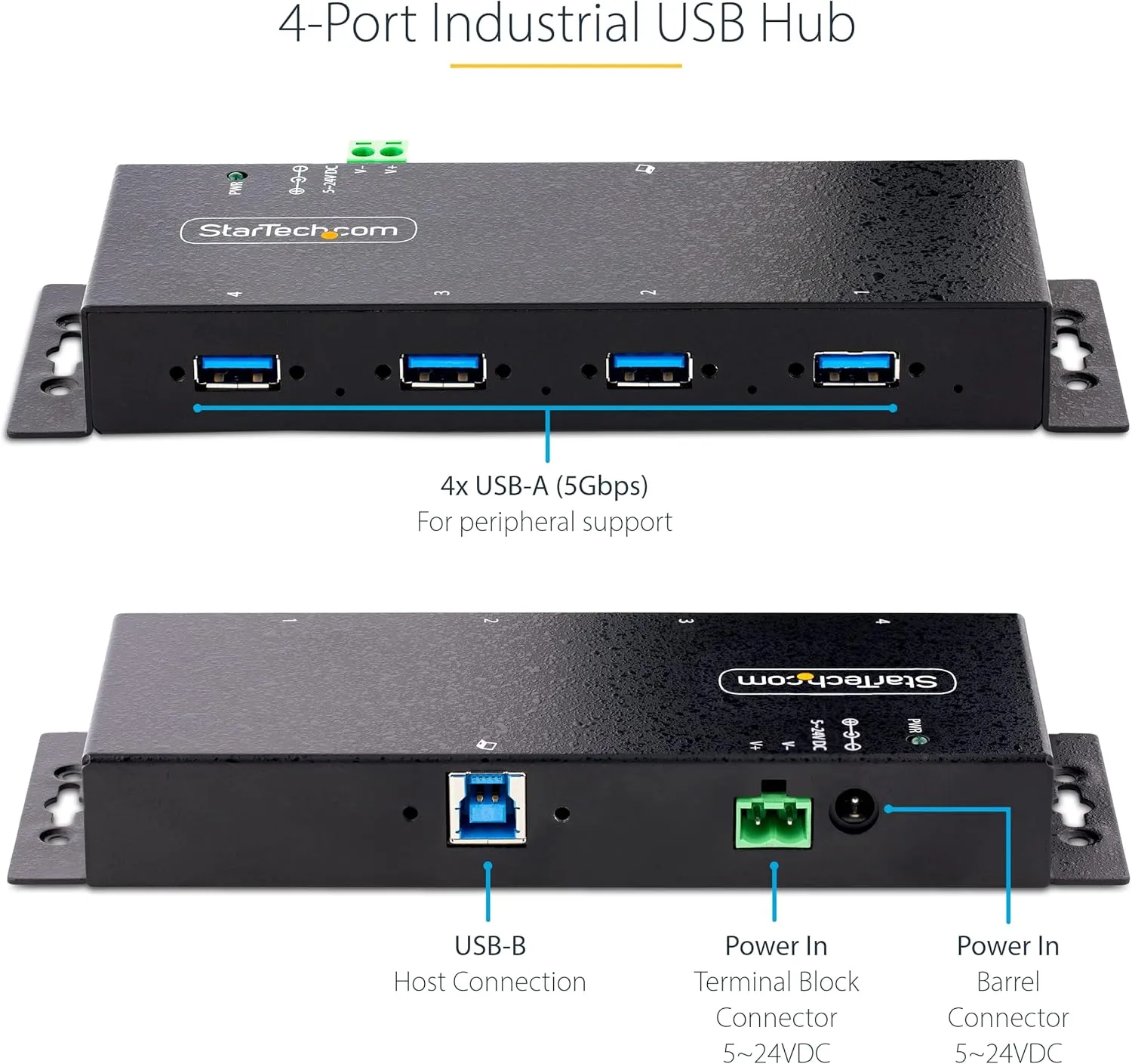 StarTech.com 4-Port Industrial USB 3.0 5Gbps Hub, Rugged USB Hub with ESD Protection, DIN/Wall/Desk Mountable USB-A Hub