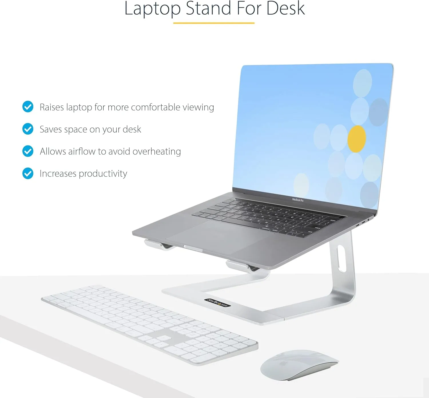 StarTech.com Laptop Stand for Desk, Supports 5kg/11lb, Aluminum, Silver, Ergonomic Laptop Riser, Portable Laptop Holder
