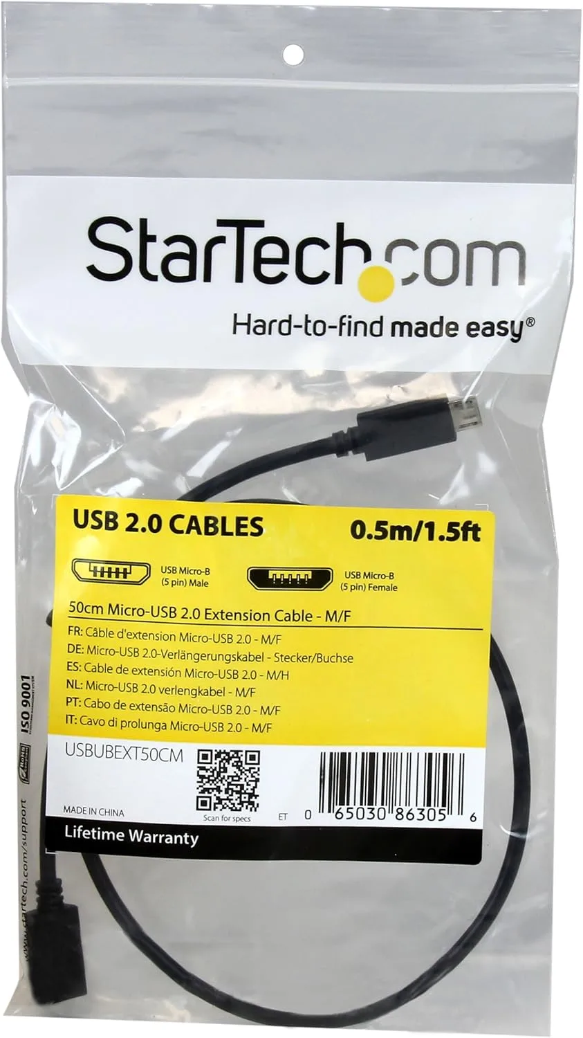 0.5m 20in Micro-usb Extension Cable - M/F - Micro Usb Male To Micro Usb Female Cable - Usb For Tablet, Phone, Keyboard/mouse