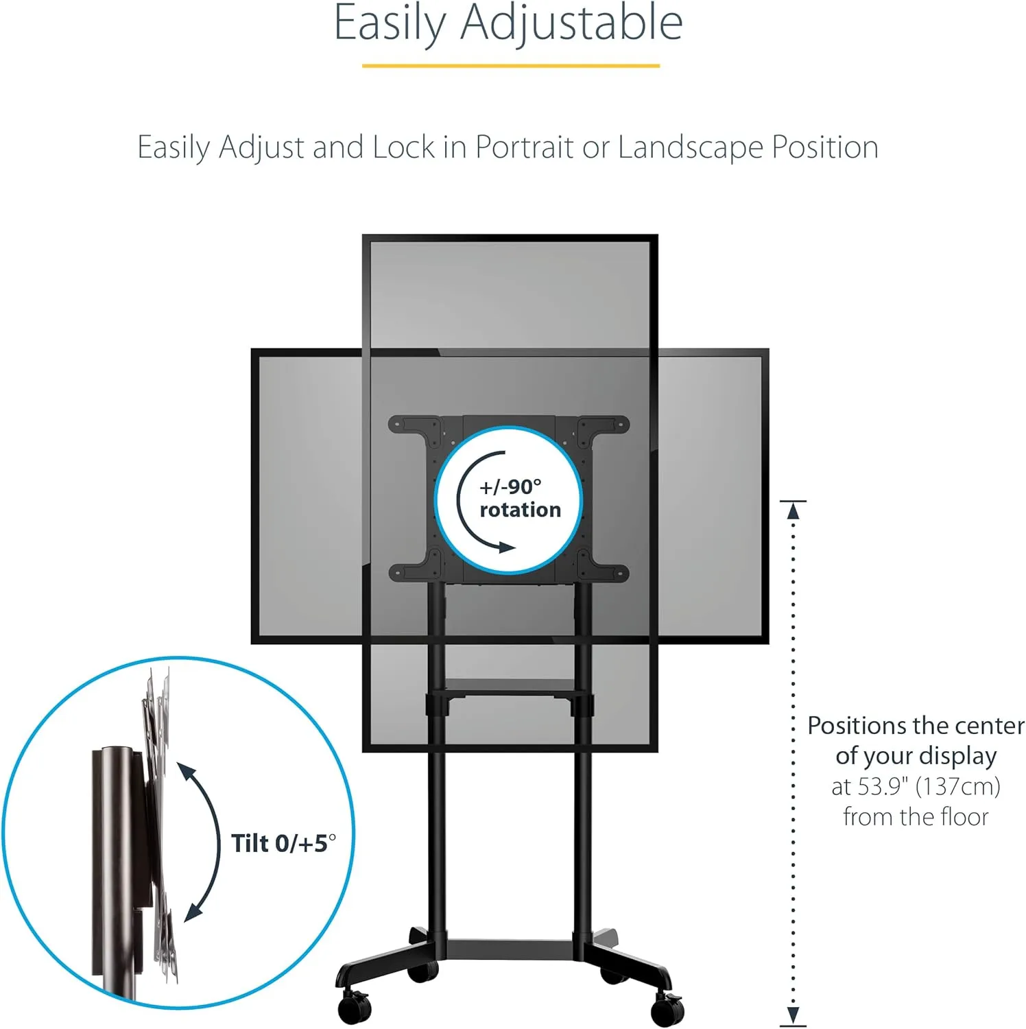 StarTech.com Mobile TV Cart - Portable Rolling TV Stand for 37-70" VESA Display (154lb/70kg)
