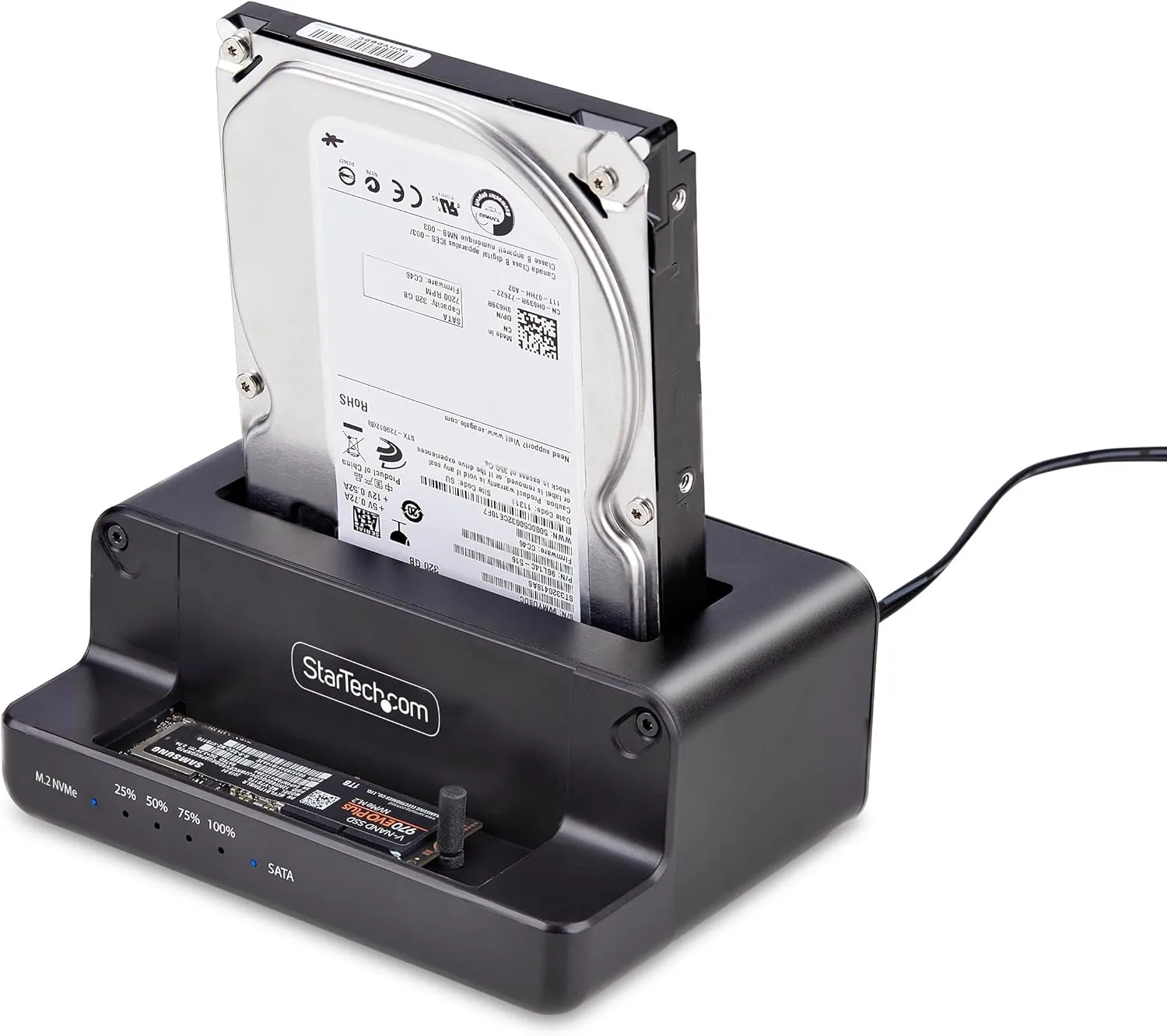 StarTech.com M.2 NVMe to 2.5"/3.5" SATA Drive Duplicator, Dual Bay Standalone Cloner/Drive Dock, 27GB/min, NVMe to SATA / SATA to NVMe, TAA