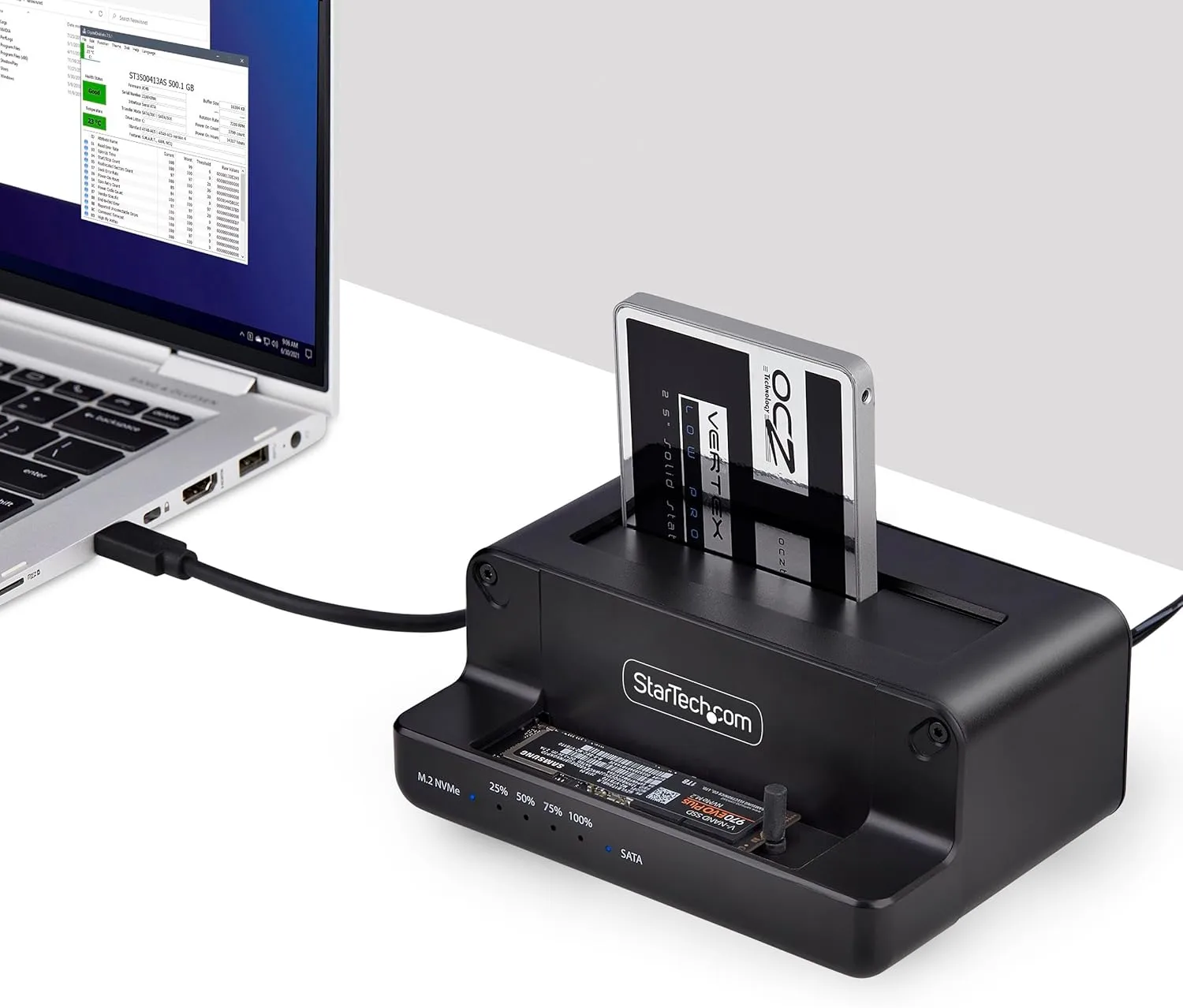 StarTech.com M.2 NVMe to 2.5"/3.5" SATA Drive Duplicator, Dual Bay Standalone Cloner/Drive Dock, 27GB/min, NVMe to SATA / SATA to NVMe, TAA