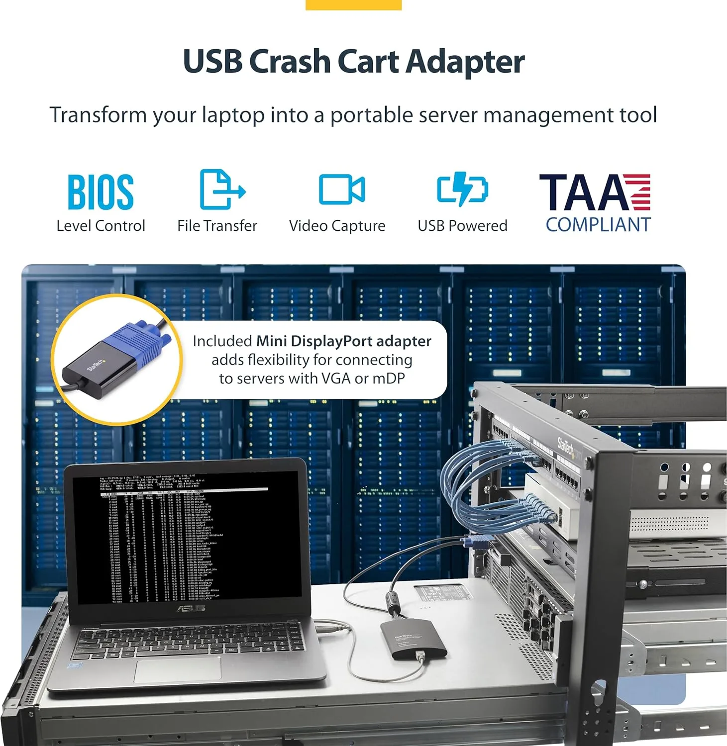 StarTech.com Portable Laptop Crash Cart Adapter, USB/VGA/Mini DisplayPort KVM Console, File Transfer/Video Capture, TAA (NOTECONS02-VGA-MDP)