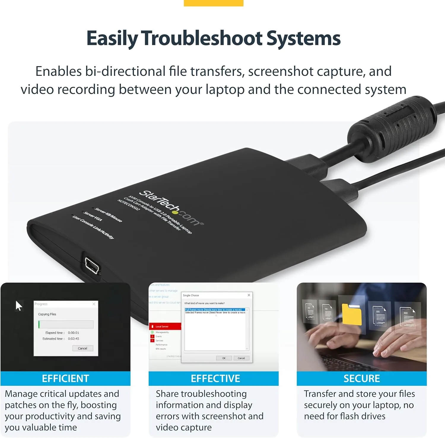 StarTech.com Portable Laptop Crash Cart Adapter, USB/VGA/Mini DisplayPort KVM Console, File Transfer/Video Capture, TAA (NOTECONS02-VGA-MDP)