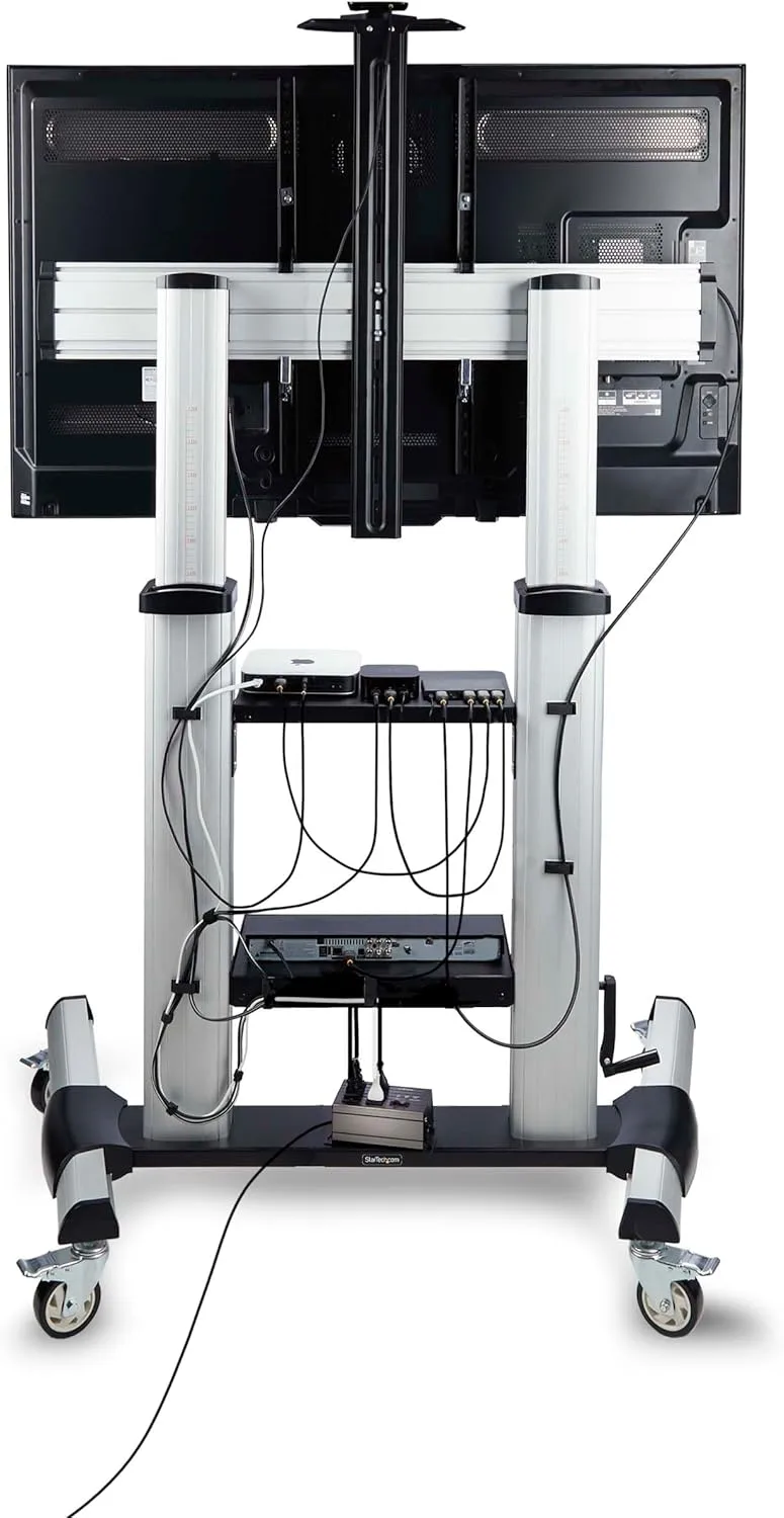 StarTech.com Rolling TV Cart/Stand On Wheels, Up to 100-inch/220lb Flat Screens, Hand Crank Height Adjustable Mobile Trolley