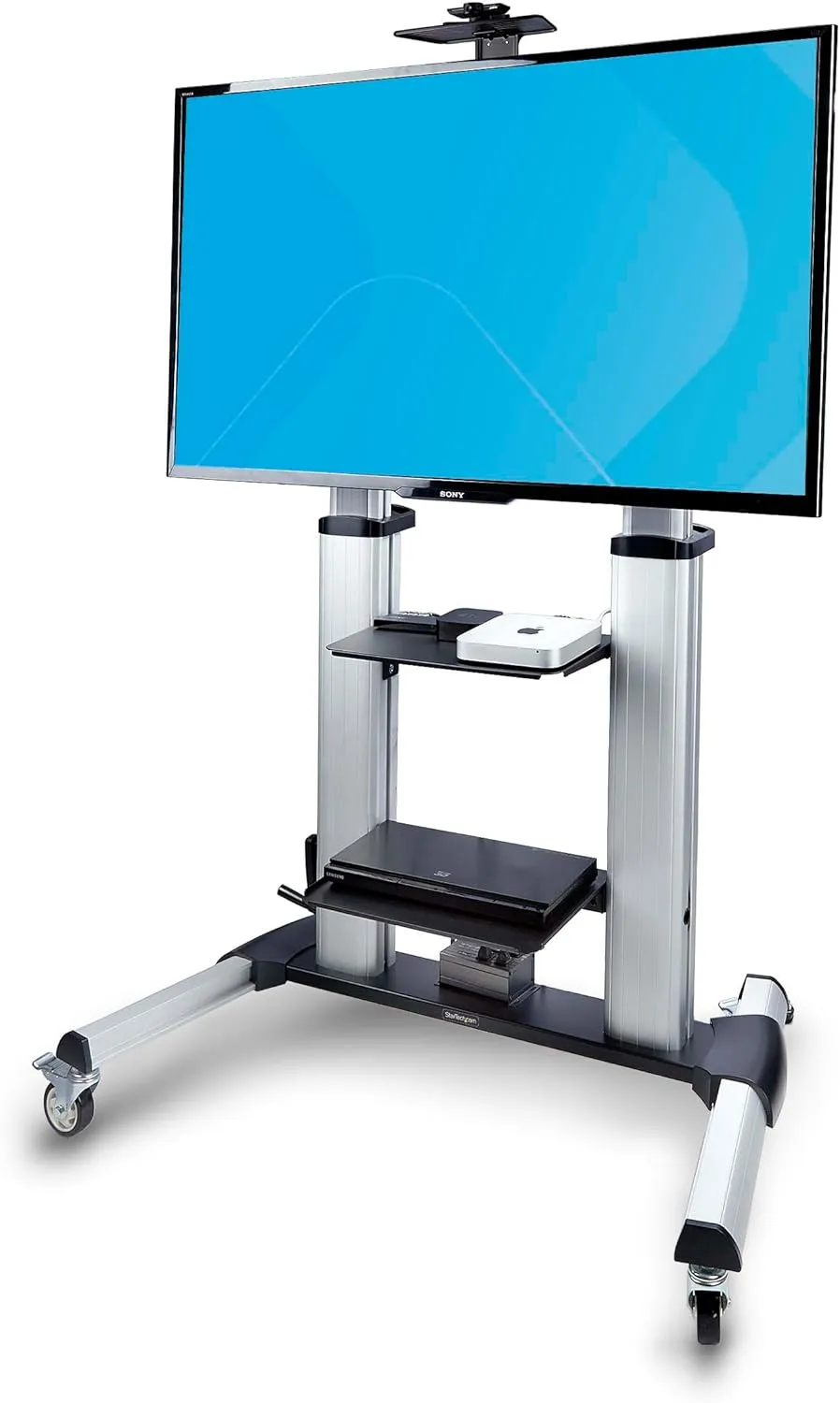 StarTech.com Rolling TV Cart/Stand On Wheels, Up to 100-inch/220lb Flat Screens, Hand Crank Height Adjustable Mobile Trolley
