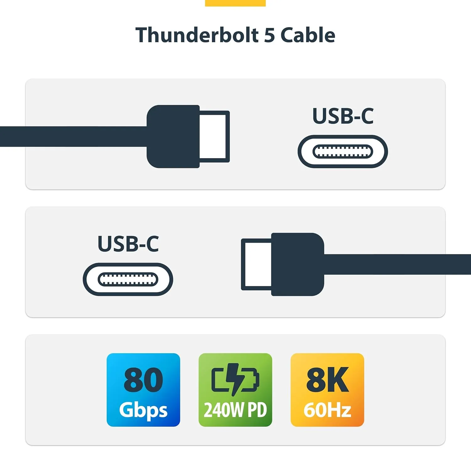 StarTech.com 3ft (1m) Thunderbolt 5 Cable, 80Gbps/120Gbps, 240W PD, 8K 60Hz, Thunderbolt Certified, TB5/TB4/USB4/USB-C